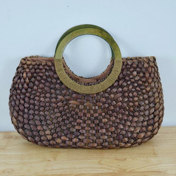 Neiman Marcus Straw Bag Wood Handle Woven Resort Beach Tropical Brown Medium - Picture 1 of 7